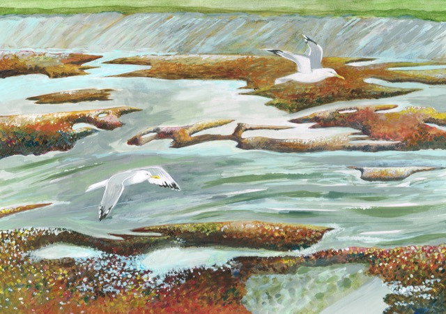 painting of gulls flying over river islands turquoise dark red yellows