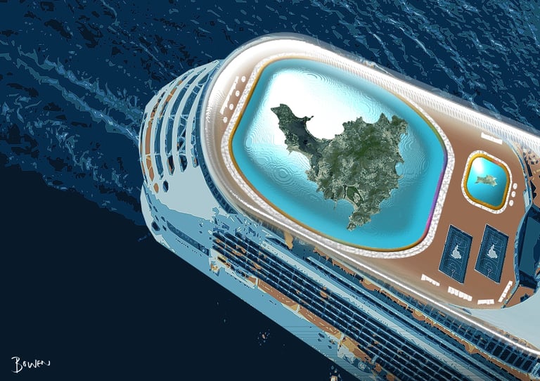 Digital illustration of a cruise ship carrying St. Martin in a pool deck, futuristic concept art by