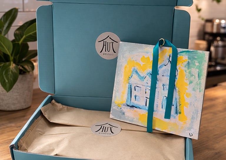 Small original art being un boxed from Hut Studio luxury eco packaging, new home, birthday gift