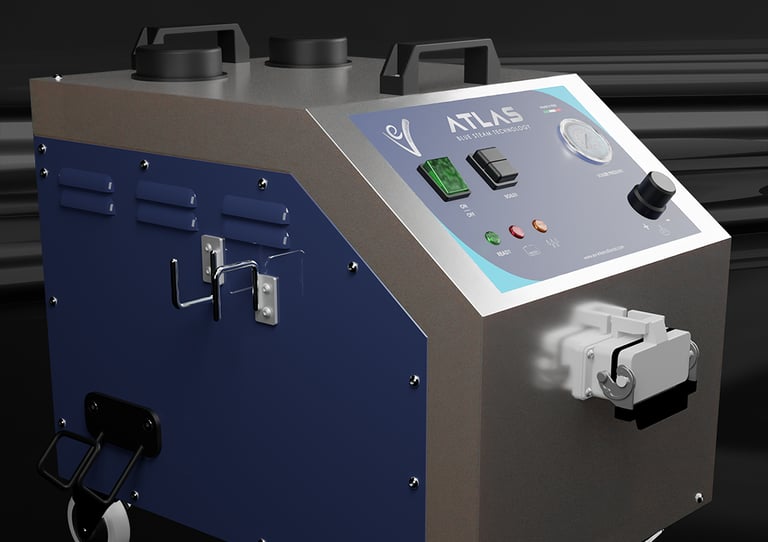 Profesjonalna stacja parowa EV Atlas dla biznesu. System czyszczenia i dezynfekcji suchą parą dla hoteli i autodetailingu.