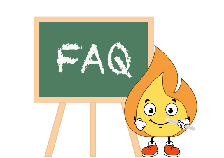 La petite flamme Maxima orange qui a une craie a la main et écrit FAQ sur la tableau