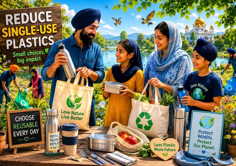 Sikh family using reusable grocery bags and metal bottles to reduce single-use plastics outdoors.