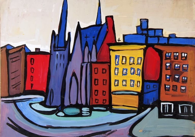 Painting by William Henry Johnson called Harlem Cityscape with Church