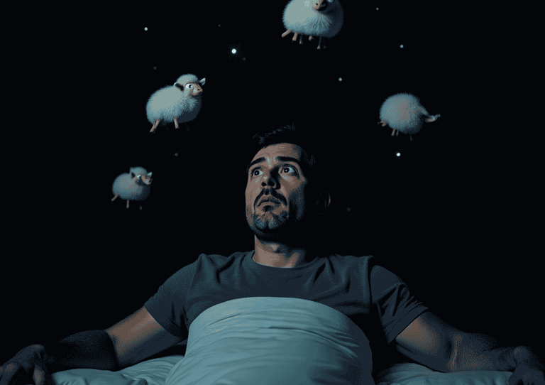 Man in bed counting sheep