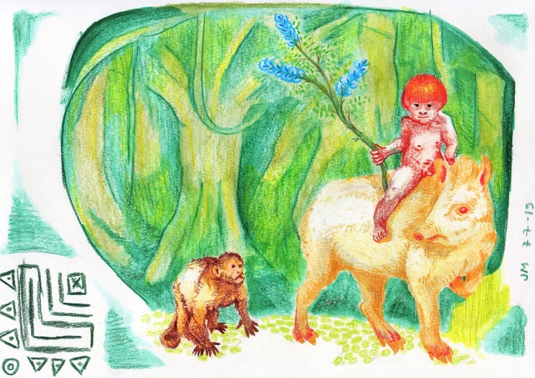 Resultado artístico sobre espíritos guarani, no contexto Tupi Antigo em lápis de cor de 2019, do Jaum.