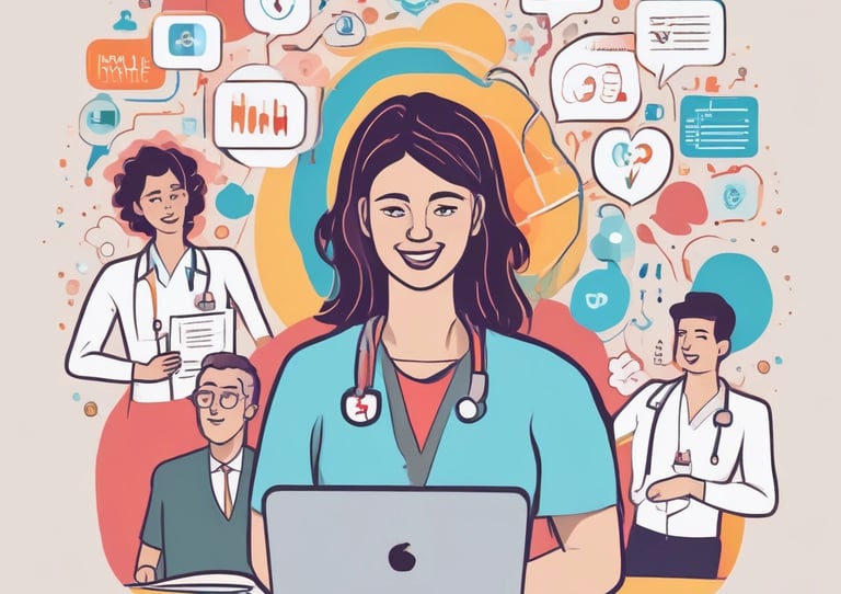 A healthcare professional typing AI-generated patient communication prompts on a laptop in a bright clinic office.