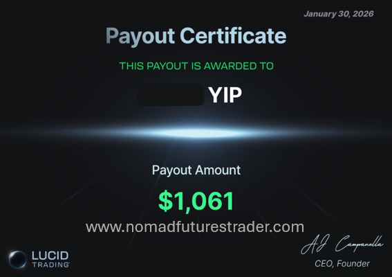 Lucid Trading Prop Firm Payout Certifcate for Nomad Futures Trader