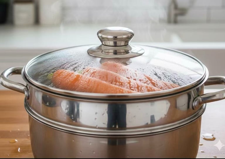 A steam pot with carrots in it. 