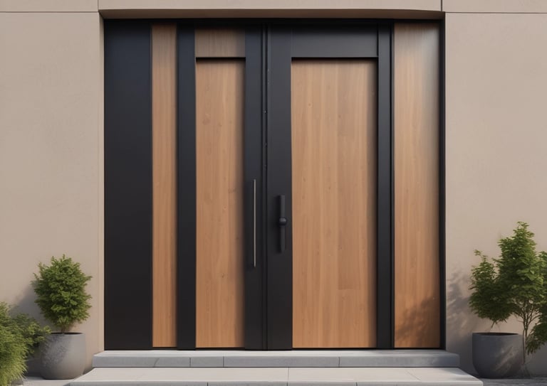 a modern front door with a wooden door and a planter