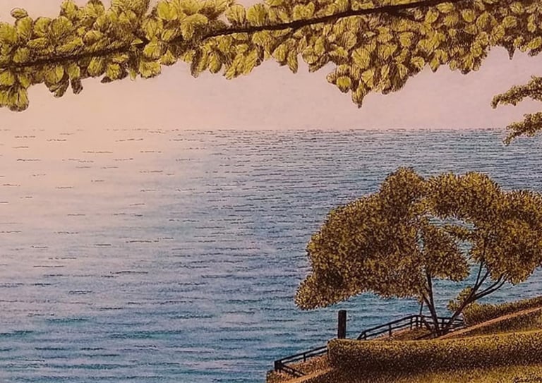 Paisagem de mar com árvores e banco ao pôr do sol, feita em nankin e pastel seco.