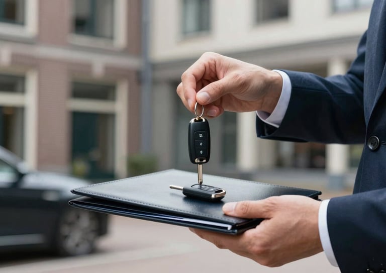 A close-up of a professional in business attire handing over a set of high-end car keys and a clean leather document folder in a Western European / Dutch corporate courtyard. Sharp focus, clean textures.