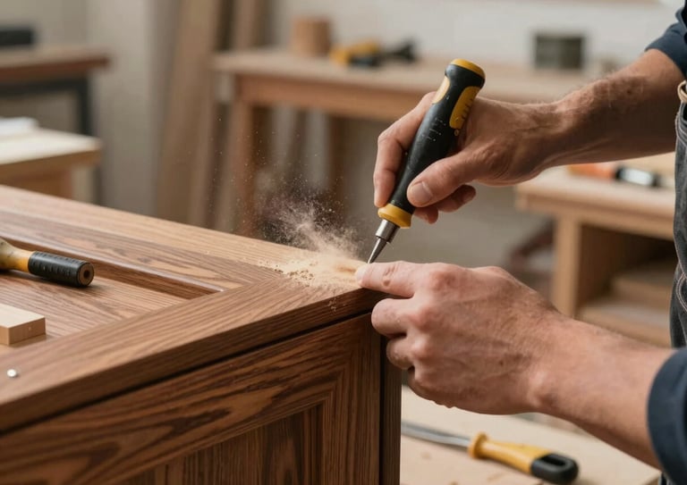 A close-up of a master carpenter hand-finishing a dark oak cabinet door in a clean, modern workshop, soft side lighting highlighting wood dust and precision tools.