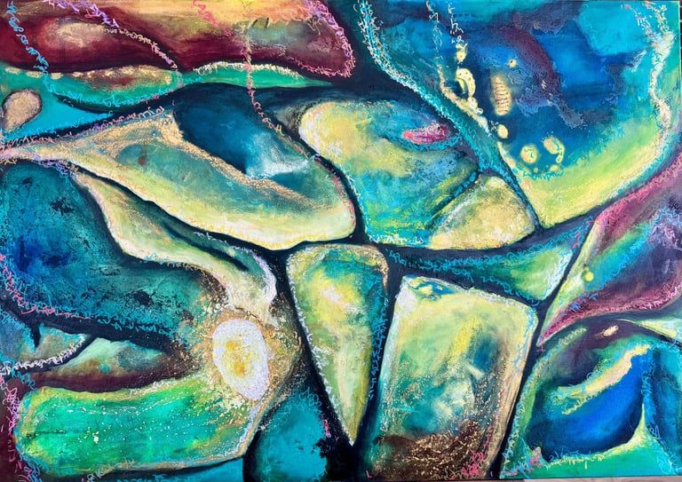 Abstract acrylic canvas painting featuring organic teal, green, and gold shapes with vibrant textures.