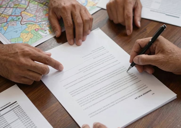Close overhead shot of a boardroom table with a contract spread open, two pairs of hands from different cultures reaching toward the signature page, a scattered map and printed customs tariff sheet visible at the edges, natural window light from the left casting soft shadows across the documents