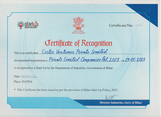 Startup Bihar Certificate of Recognition