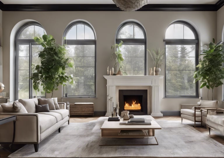 a living room with a fireplace and a fireplace
