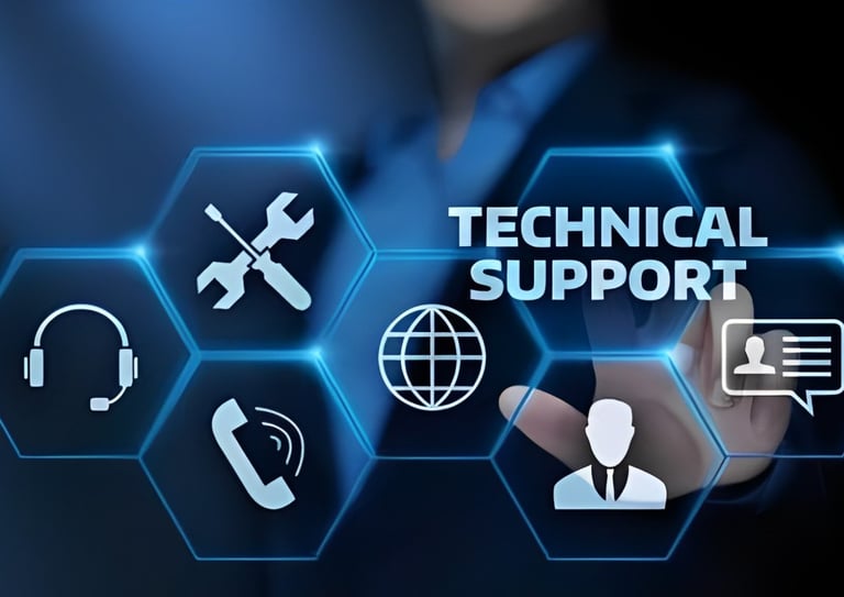 a person holding a finger up to a technical support center
