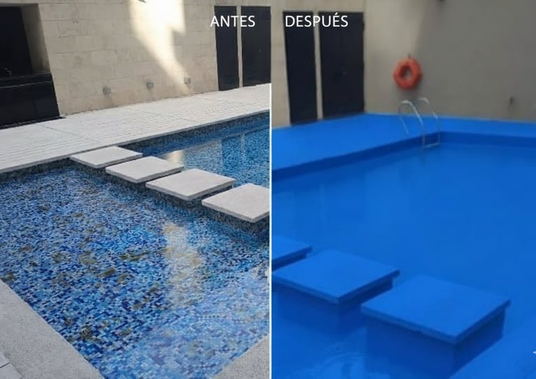 Comparativa antes y después de reparación de pileta de hormigón
