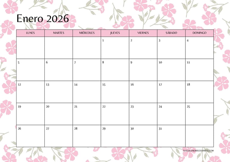 Calendario mensual floral 2026 en PDF formato A4 horizontal con diseño elegante de flores para impri