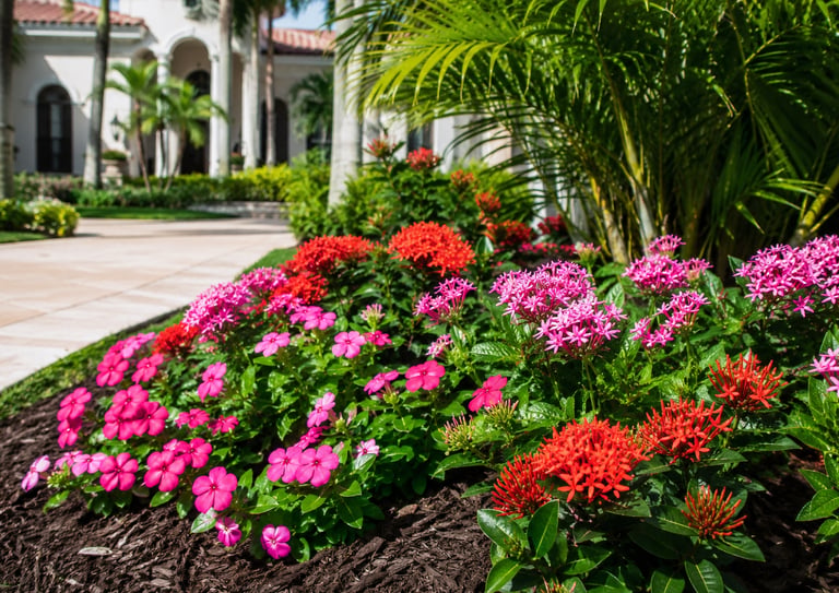 Lush tropical garden landscape with blooming pink and red flowers with fresh mulch
