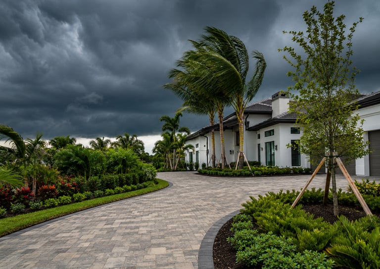 Stormy skies over modern home and palms