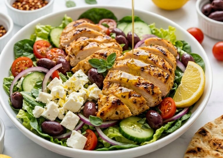 Grilled chicken Greek salad with feta cheese, olives, and olive oil dressing being poured over the top.