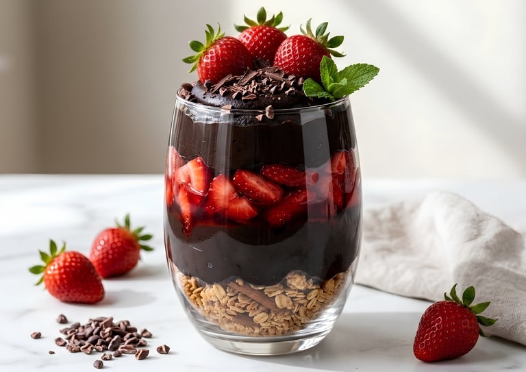 Dark chocolate avocado mousse parfait layered with fresh strawberries and granola in a glass.