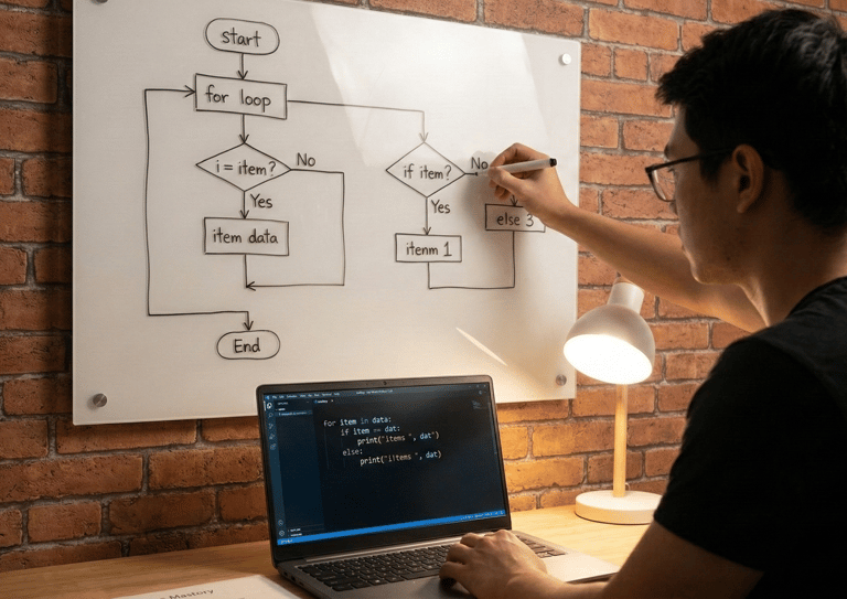 A focused developer working in a softly lit home office with a brick wall. The developer is actively