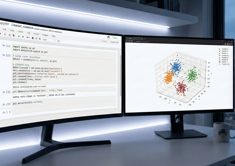 A sophisticated dual-monitor workstation setup in a professional modern home office with cool LED li