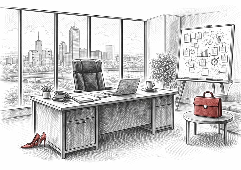 Executive office sketch featuring a desk with laptop and a whiteboard for business strategy.
