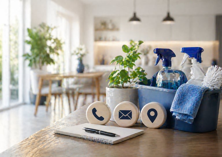 Professional house cleaning service contact icons and spray bottles on a kitchen counter.