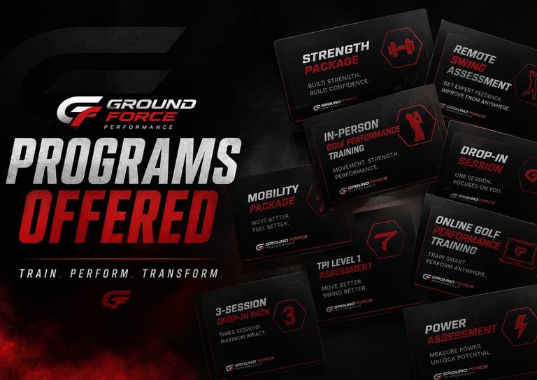 Ground Force Performance golf training programs offering strength packages, swing assessments, and TPI assessments.