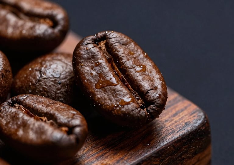 Macro close-up of roasted coffee beans with glistening natural oils adjacent to rich polished teak wood grain, dramatic low-key side lighting, luxury dark navy background.