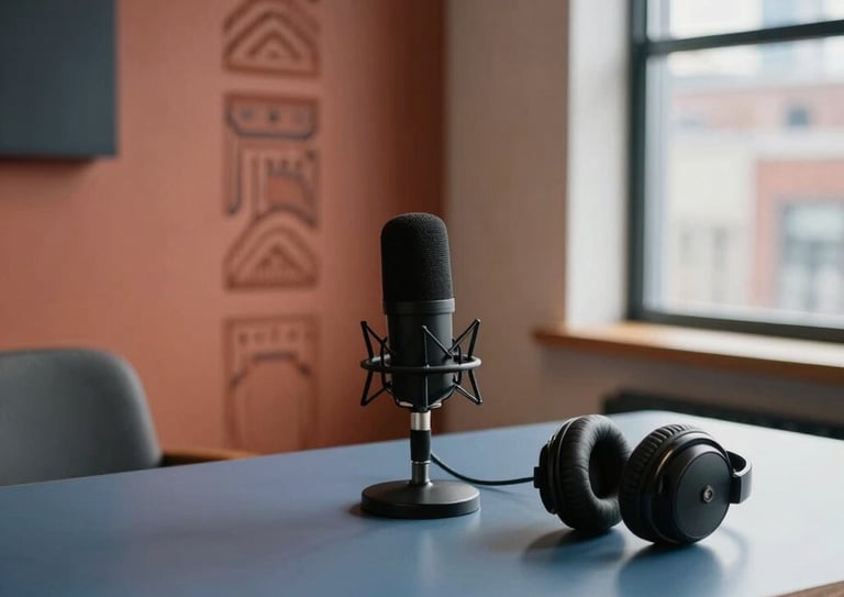 A professional and modern media studio interior in a North American / Urban Indigenous setting. The scene features a sleek slate blue desk with a high-end podcast microphone and professional headphones. In the background, there is a warm terracotta-colored accent wall with subtle cultural textures. The lighting is soft and natural, coming from a large window showing a blurred cityscape.