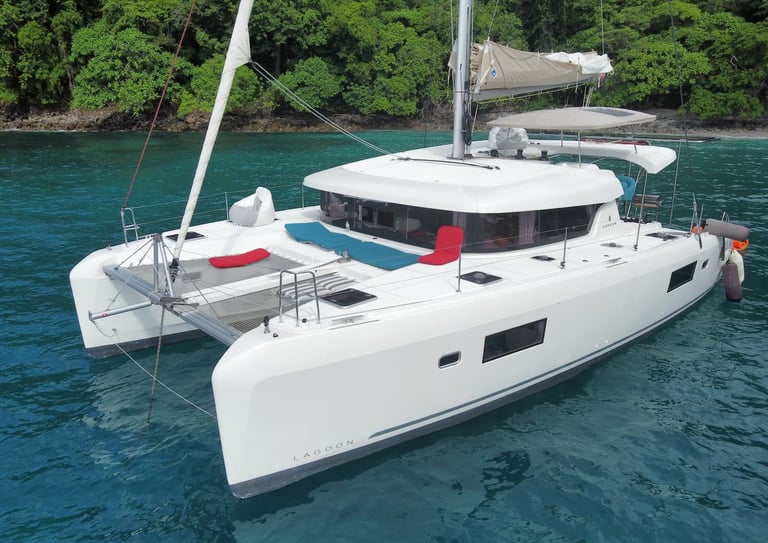 Kephas luxury catamaran anchored in pristine bay of Gulf of Papagayo, Guanacaste, Costa Rica