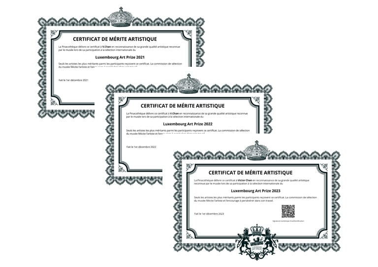 Certificats de Mérite Artistique 2021, 2022, 2023 Luxembourg Art Prize