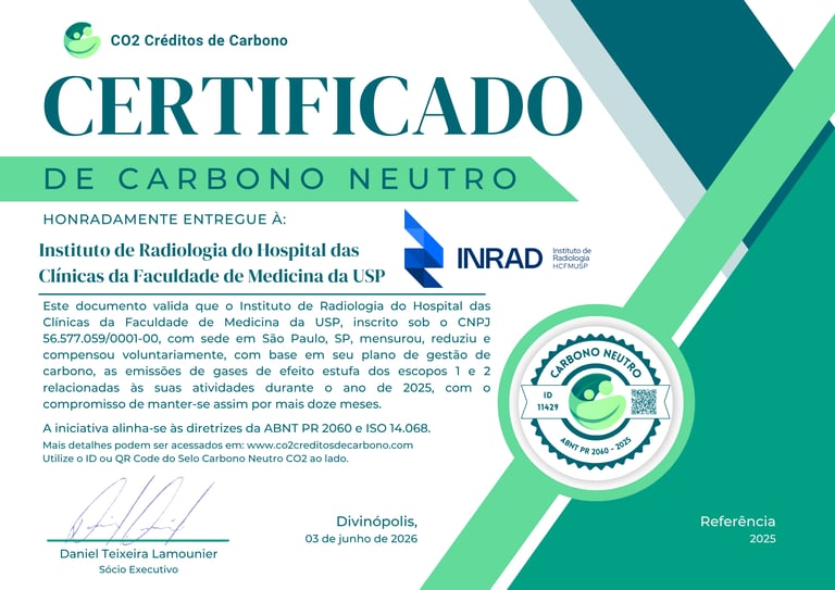 Carbon neutral certificate issued to USP Radiology Institute for offsetting greenhouse gas emissions.