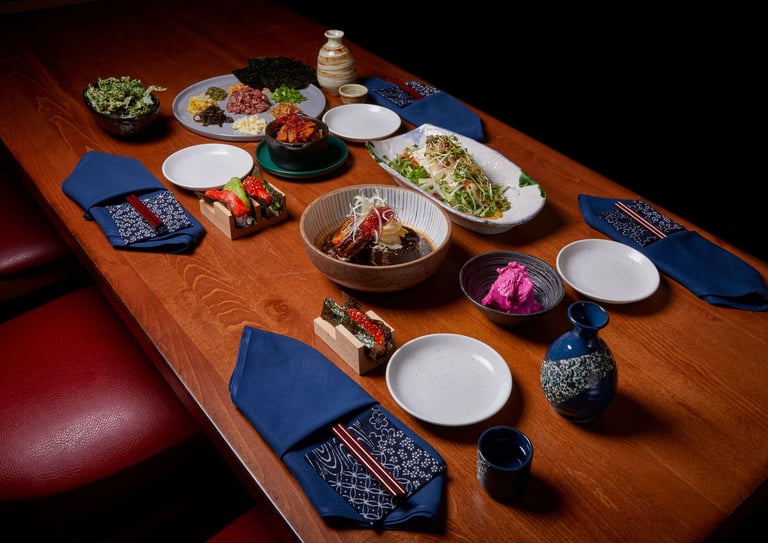Temaki Sushi Platter, Japanese Sake, and Braised Pork Belly