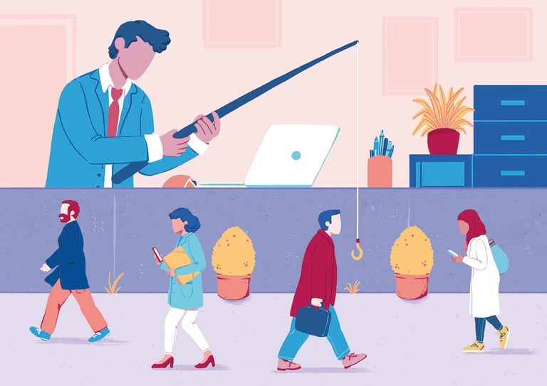 a man in a suit and tie is holding a fishing stick, trying to catch people going to work