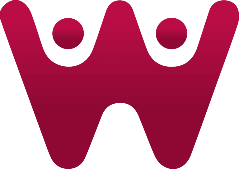 Abstract red "W" logo with rounded shapes at the top resembling two dots.