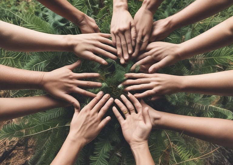 a group of people holding hands on top of a tree