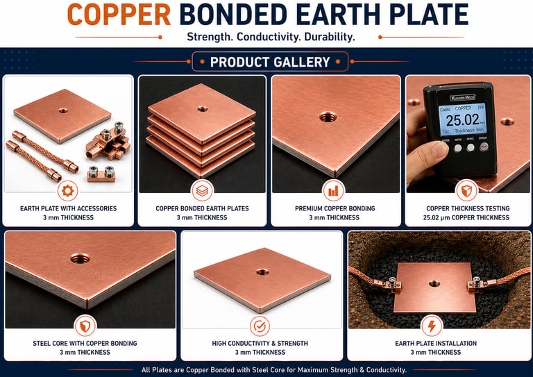 Copper bonded earth plate with steel core and accessories for grounding systems and electrical safety.