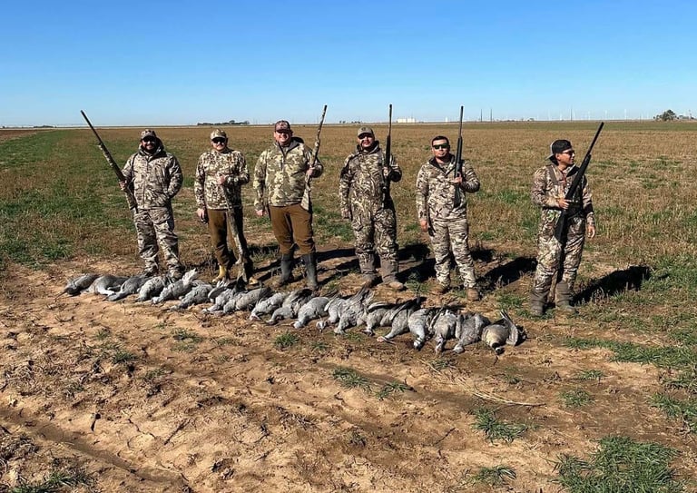Group of hunters in camo standing in a field with harvested Sandhill Cranes during a guided hunt in the Texas Panhandle