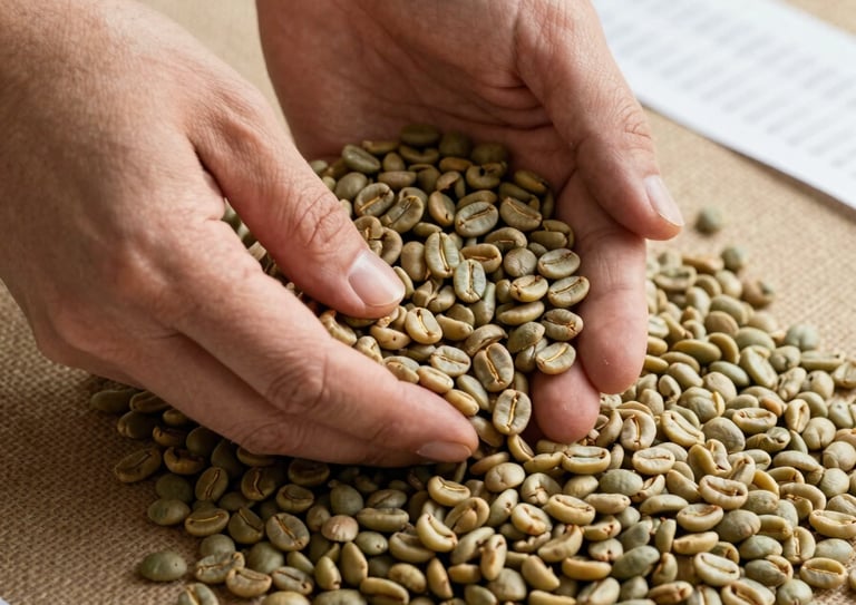 Hands in motion sorting dried green coffee beans on a tan burlap surface under diffuse daylight, a paper control sheet with handwritten lot numbers visible at the edge, close crop showing individual bean texture
