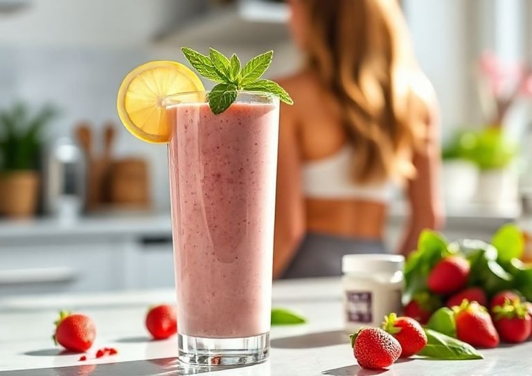 Tall strawberry smoothie with woman in background