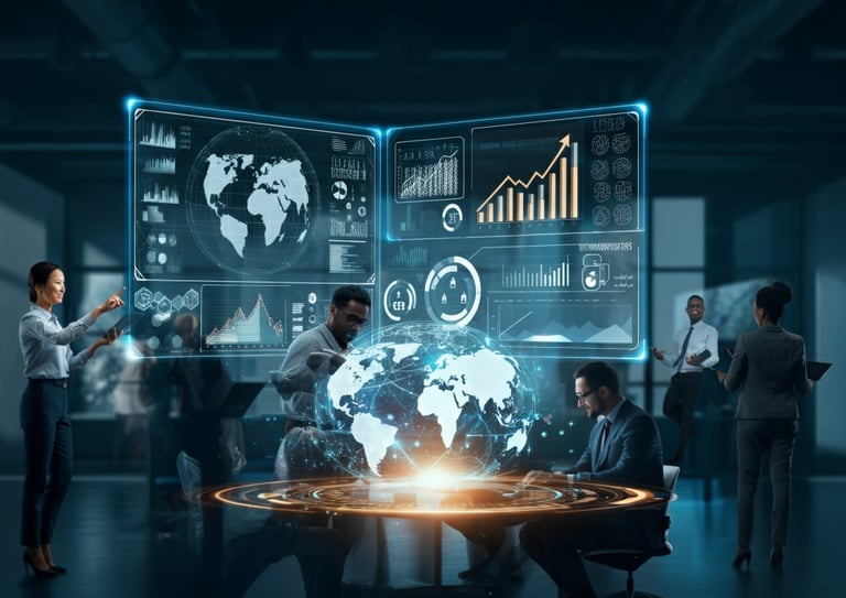 Verve Phoenix professionals collaborating in a futuristic office with holographic screens, a glowing globe, and light trails