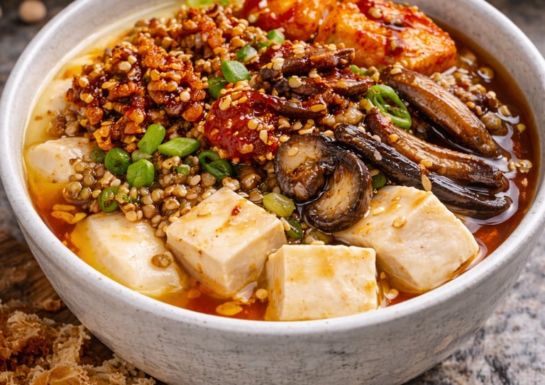 silken tofu squares with savoury toppings and broth