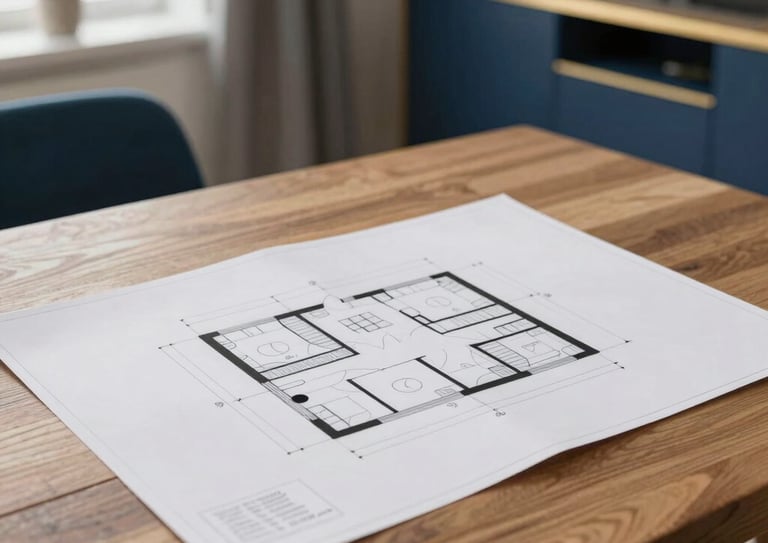 A crisp, close-up photograph of a modern Northern European home interior with architectural plans on a wooden table, soft natural morning light, emphasizing a sense of renewal and investment, navy blue and gold accents in the decor.