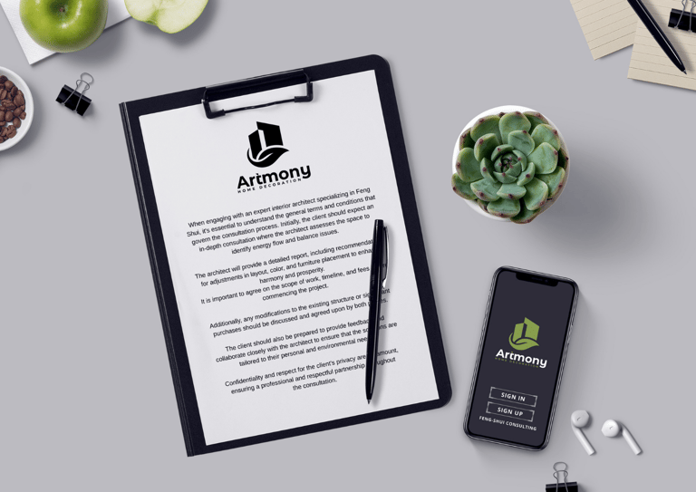 Un contrat de design d'intérieur Feng Shui sur un clipboard