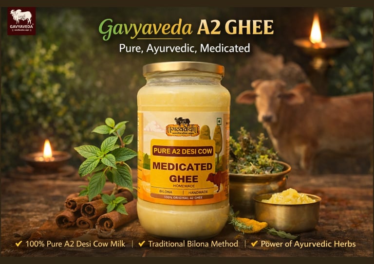 Pure Gavyaveda A2 ghee made using the traditional Bilona method, highlighting its premium quality, n